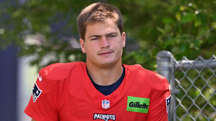 Jul 28, 2025; Foxborough, MA, USA; New England Patriots quarterback Drake Maye (10) heads to the practice fields for training camp at Gillette Stadium. Mandatory Credit: Eric Canha-Imagn Images