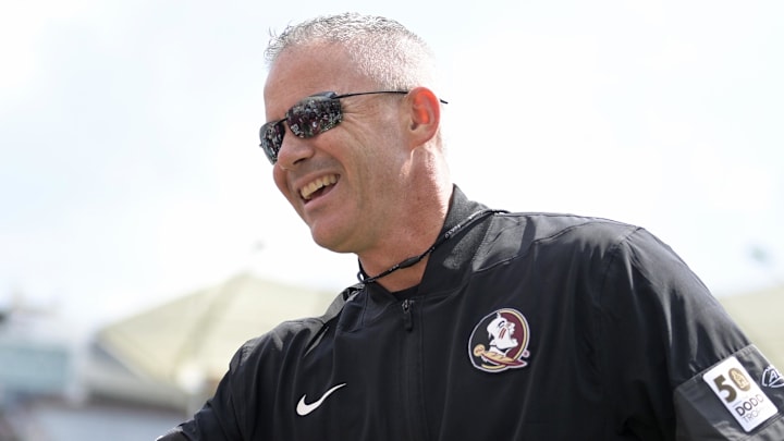 Sep 20, 2025; Tallahassee, Florida, USA; Florida State Seminoles head coach Mike Norvell before the game against the Kent State Golden Flashes at Doak S. Campbell Stadium. Mandatory Credit: Melina Myers-Imagn Images