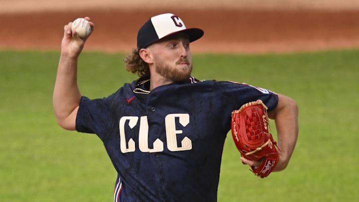 Apr 17, 2026; Cleveland, Ohio, USA; Cleveland Guardians starting pitcher Tanner Bibee (28) delivers a pitch in the first inning against the Baltimore Orioles at Progressive Field. Mandatory Credit: David Richard-Imagn Images