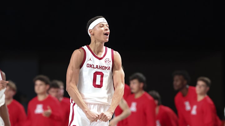 Nov 28, 2024;  Paradise Island, Bahamas, BHS; Oklahoma Sooners guard Jeremiah Fears (0) reacts after the game against the Arizona Wildcats in the Imperial Arena at the Atlantis Resort.  Mandatory Credit: Kevin Jairaj-Imagn Images
