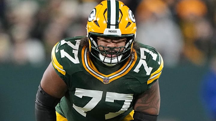 Nov 10, 2025; Green Bay, Wisconsin, USA; Green Bay Packers offensive tackle Jordan Morgan (77) during the game against the Philadelphia Eagles at Lambeau Field. Nov 10, 2025; Green Bay, Wisconsin, USA; Green Bay Packers offensive tackle Jordan Morgan (77) during the game against the Philadelphia Eagles at Lambeau Field.