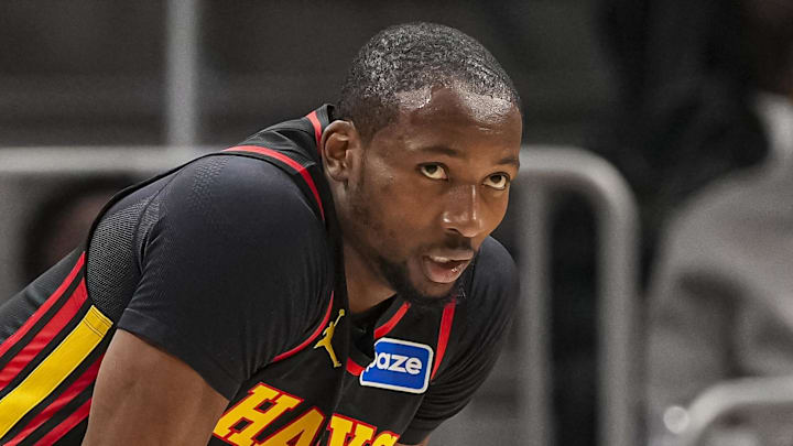 Feb 24, 2026; Atlanta, Georgia, USA; Atlanta Hawks forward Jonathan Kuminga (0) on the court against the Washington Wizards during the first half at State Farm Arena. Mandatory Credit: Dale Zanine-Imagn Images