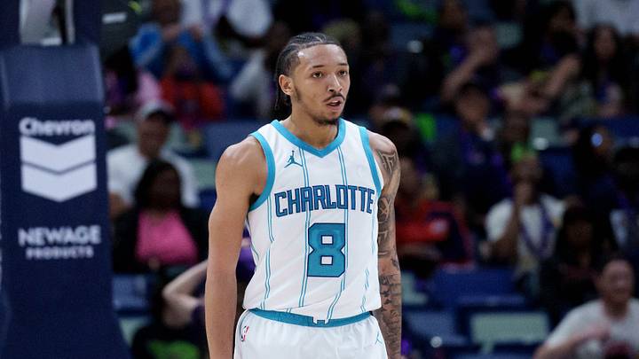 Mar 30, 2025; New Orleans, Louisiana, USA; Charlotte Hornets guard Nick Smith Jr. (8) reacts after making a three-point basket against the New Orleans Pelicans during the second half at Smoothie King Center. Mandatory Credit: Matthew Hinton-Imagn Images Mar 30, 2025; New Orleans, Louisiana, USA; Charlotte Hornets guard Nick Smith Jr. (8) reacts after making a three-point basket against the New Orleans Pelicans during the second half at Smoothie King Center. Mandatory Credit: Matthew Hinton-Imagn Images