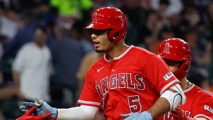 May 26, 2026; Detroit, Michigan, USA;  Los Angeles Angels second baseman Vaughn Grissom (5) receives congratulations from designated hitter Jorge Soler (12) after he hits a grand slam in the eighth inning against the Detroit Tigers at Comerica Park. Mandatory Credit: Rick Osentoski-Imagn Images
