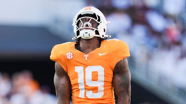 Tennessee defensive lineman Joshua Josephs (19) celebrates during a college football game between Tennessee and Mississippi State at Davis Wade Stadium in Starkville, Miss., on Sept. 27, 2025.