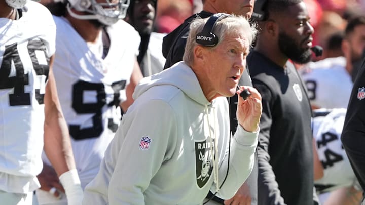 Oct 19, 2025; Kansas City, Missouri, USA; Las Vegas Raiders head coach Pete Carroll looks on during the second quarter of the game against the Kansas City Chiefs at GEHA Field at Arrowhead Stadium. Mandatory Credit: Denny Medley-Imagn Images