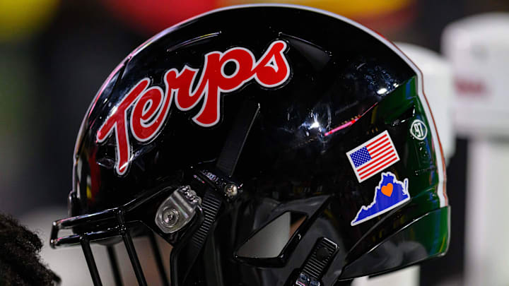 Sep 15, 2023; College Park, Maryland, USA; Detailed view of a Maryland Terrapins helmet during the game against the Virginia Cavaliers at SECU Stadium.