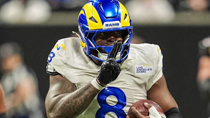 Dec 29, 2025; Atlanta, Georgia, USA; Los Angeles Rams linebacker Jared Verse (8) blocks a Atlanta Falcons field goal and returns it for a touchdown during the second half at Mercedes-Benz Stadium. Mandatory Credit: Dale Zanine-Imagn Images