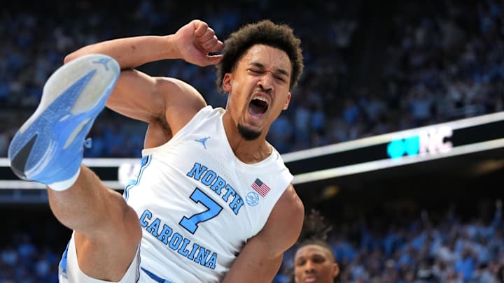 Feb 28, 2026; Chapel Hill, North Carolina, USA; North Carolina Tar Heels guard Seth Trimble (7) reacts after scoring in the second half at Dean E. Smith Center. Mandatory Credit: Bob Donnan-Imagn Images Feb 28, 2026; Chapel Hill, North Carolina, USA; North Carolina Tar Heels guard Seth Trimble (7) reacts after scoring in the second half at Dean E. Smith Center. Mandatory Credit: Bob Donnan-Imagn Images
