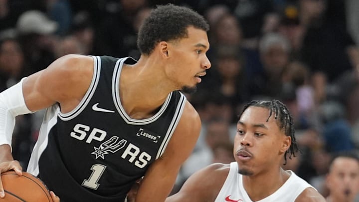 San Antonio Spurs forward/center Victor Wembanyama faces off against Toronto Raptors forward/guard Scottie Barnes. San Antonio Spurs forward/center Victor Wembanyama faces off against Toronto Raptors forward/guard Scottie Barnes.