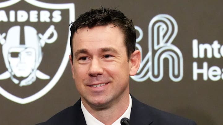 Feb 10, 2026; Henderson, NV, USA; Las Vegas Raiders coach Klint Kubiak speaks at introductory press conference at Intermountain Health Performance Center. Mandatory Credit: Kirby Lee-Imagn Images