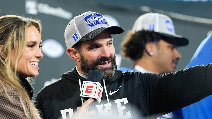 Dec 6, 2025; Charlotte, NC, USA; Duke Blue Devils head coach Manny Diaz takes questions after the game against the Virginia Cavaliers during the 2025 ACC Championship game at Bank of America Stadium. Mandatory Credit: Jim Dedmon-Imagn Images