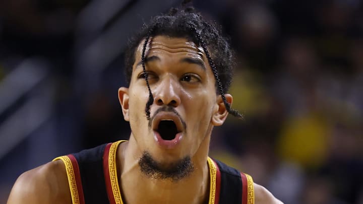 Jan 2, 2026; Ann Arbor, Michigan, USA;  Southern California Trojans forward Chad Baker-Mazara (4) reacts in the second half against the Michigan Wolverines t Crisler Center.