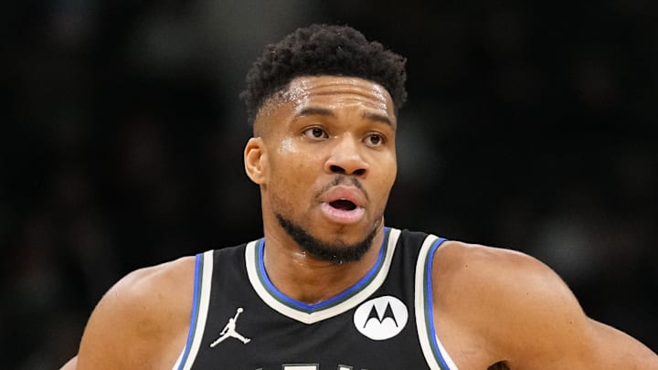 Jan 23, 2026; Milwaukee, Wisconsin, USA;  Milwaukee Bucks forward Giannis Antetokounmpo (34) looks on during the second quarter against the Denver Nuggets at Fiserv Forum. Mandatory Credit: Jeff Hanisch-Imagn Images