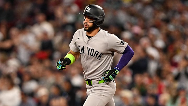 Sep 14, 2025; Boston, Massachusetts, USA;  New York Yankees shortstop Jose Caballero (72) runs the bases after hitting. Solo home run against the Boston Red Sox during the seventh inning at Fenway Park. Mandatory Credit: Brian Fluharty-Imagn Images