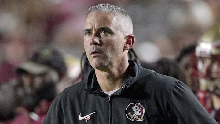 Oct 5, 2024; Tallahassee, Florida, USA; Florida State Seminoles head coach Mike Norvell during the second half against the Clemson Tigers at Doak S. Campbell Stadium. Mandatory Credit: Melina Myers-Imagn Images