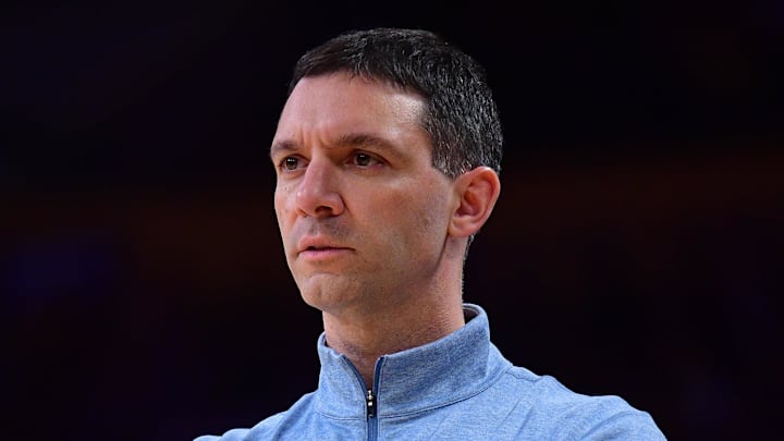 April 7, 2026; Los Angeles, California, USA; Oklahoma City Thunder head coach Mark Daigneault watches game action against the Los Angeles Lakers during the first half at Crypto.com Arena. Mandatory Credit: Gary A. Vasquez-Imagn Images