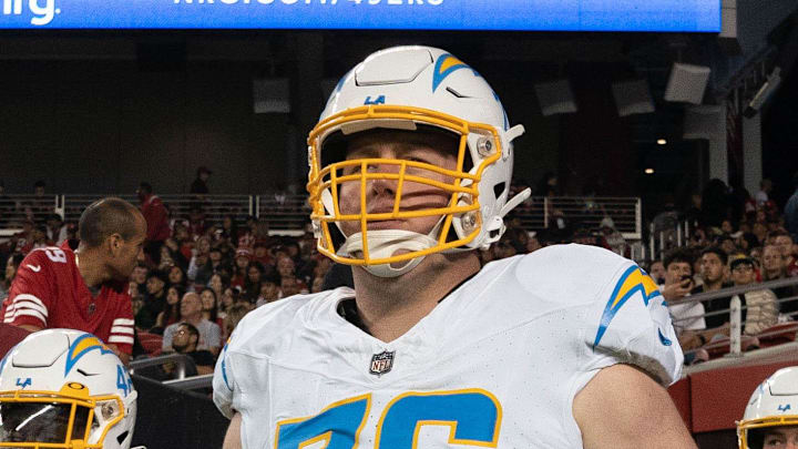 Aug 25, 2023; Santa Clara, California, USA;  Los Angeles Chargers center Will Clapp (76) walks out