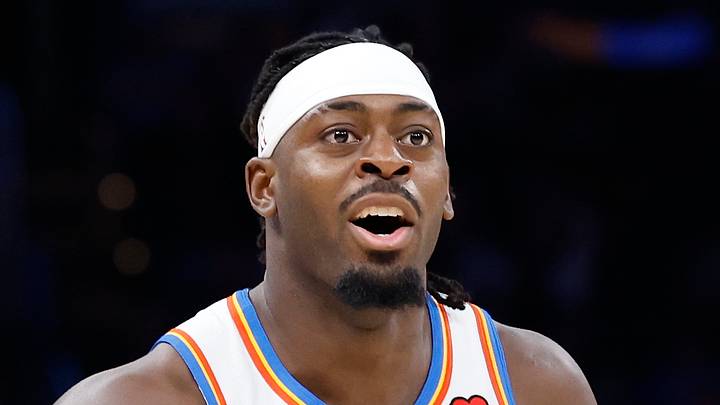 Oklahoma City Thunder guard Luguentz Dort (5) reacts against the San Antonio Spurs at Paycom Center on October 30, 2024.