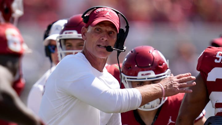 Oklahoma coach Brent Venables greets payers after a touchdown during a college football game between the University of Oklahoma Sooners (OU) and the Tulane Green Wave at Gaylord Family - Oklahoma Memorial Stadium in Norman, Okla., Saturday, Sept. 14, 2024.