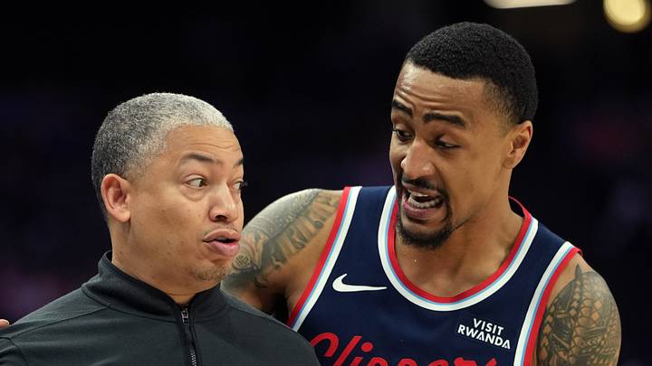 Apr 5, 2026; Sacramento, California, USA; LA Clippers head coach Tyronn Lue (left) and forward John Collins (20) talk during the third quarter against the Sacramento Kings at Golden 1 Center. Mandatory Credit: Darren Yamashita-Imagn Images Apr 5, 2026; Sacramento, California, USA; LA Clippers head coach Tyronn Lue (left) and forward John Collins (20) talk during the third quarter against the Sacramento Kings at Golden 1 Center. Mandatory Credit: Darren Yamashita-Imagn Images