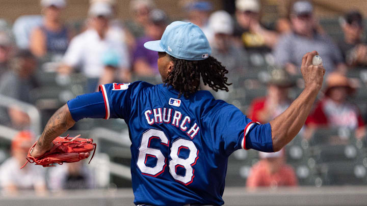 Mar 6, 2024; Salt River Pima-Maricopa, Arizona, USA; Texas Rangers pitcher Marc Church (68) on the mound in the sixth during a spring training game against  the Colorado Rockies at Salt River Fields at Talking Stick. 