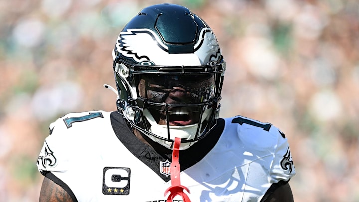 Sep 21, 2025; Philadelphia, Pennsylvania, USA; Philadelphia Eagles wide receiver AJ. Brown (11) reacts against the Los Angeles Rams during the second half at Lincoln Financial Field. Mandatory Credit: Eric Hartline-Imagn Images