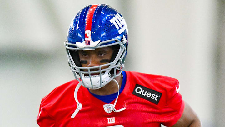 Jun 18, 2025; East Rutherford, NJ, USA; New York Giants quarterback Russell Wilson (3) warms up during minicamp at Quest Diagnostics Training Center. Mandatory Credit: John Jones-Imagn Images