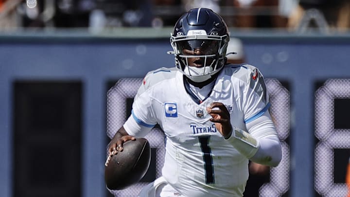 Sep 7, 2025; Denver, Colorado, USA; Tennessee Titans quarterback Cam Ward (1) drops back to pass against the Denver Broncos in the first half at Empower Field at Mile High. Mandatory Credit: Isaiah J. Downing-Imagn Images Sep 7, 2025; Denver, Colorado, USA; Tennessee Titans quarterback Cam Ward (1) drops back to pass against the Denver Broncos in the first half at Empower Field at Mile High. Mandatory Credit: Isaiah J. Downing-Imagn Images