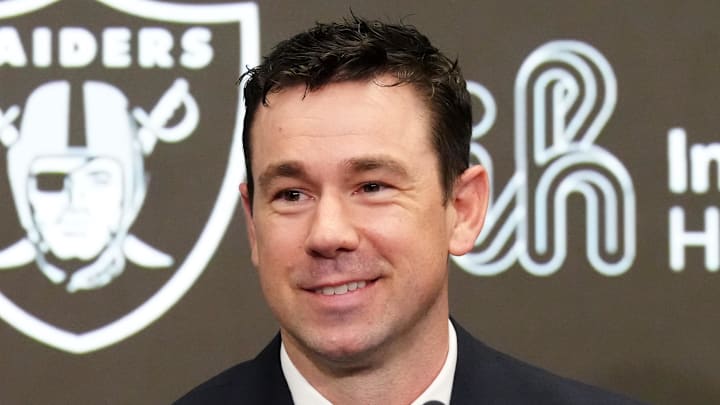 Feb 10, 2026; Henderson, NV, USA; Las Vegas Raiders coach Klint Kubiak speaks at introductory press conference at Intermountain Health Performance Center. Mandatory Credit: Kirby Lee-Imagn Images Feb 10, 2026; Henderson, NV, USA; Las Vegas Raiders coach Klint Kubiak speaks at introductory press conference at Intermountain Health Performance Center. Mandatory Credit: Kirby Lee-Imagn Images