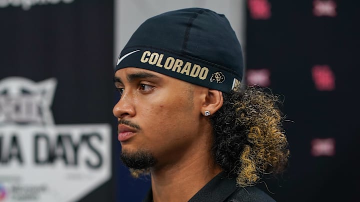 Jul 9, 2025; Frisco, TX, USA; Colorado quarterback Julian Lewis speaks with the media during 2025 Big 12 Football Media Days at The Star. Mandatory Credit: Raymond Carlin III-Imagn Images