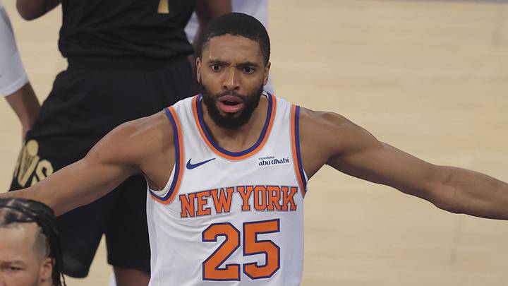 May 19, 2026; New York, New York, USA; New York Knicks guard Mikal Bridges (25) after being called for a foul against Cleveland Cavaliers center Evan Mobley (4) during the first quarter of game one of the eastern conference finals during the 2026 NBA playoffs at Madison Square Garden. Mandatory Credit: Brad Penner-Imagn Images