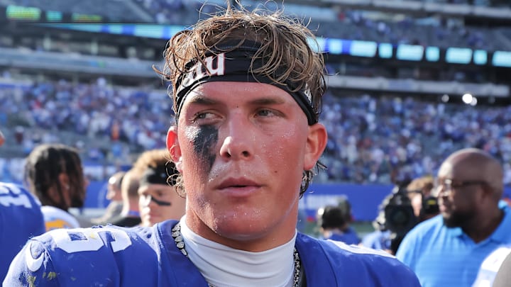 Sep 28, 2025; East Rutherford, New Jersey, USA;  New York Giants quarterback Jaxson Dart (6) looks on after the game against the Los Angeles Chargers at MetLife Stadium.  