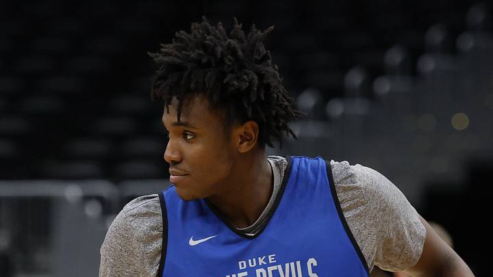 Mar 26, 2026; Washington, DC, USA; Duke Blue Devils center Patrick Ngongba (21) dribbles during a practice session ahead of the east regional of the men's 2026 NCAA Tournament at Capital One Arena. Mandatory Credit: Geoff Burke-Imagn Images Mar 26, 2026; Washington, DC, USA; Duke Blue Devils center Patrick Ngongba (21) dribbles during a practice session ahead of the east regional of the men's 2026 NCAA Tournament at Capital One Arena. Mandatory Credit: Geoff Burke-Imagn Images