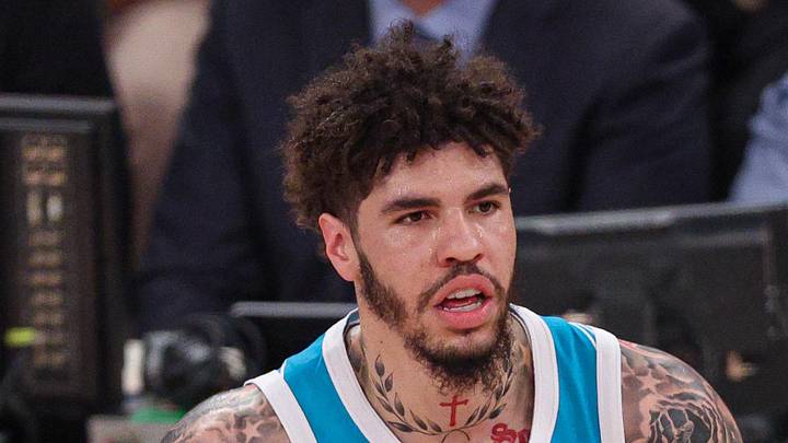 Charlotte Hornets guard LaMelo Ball dribbles up court against the New York Knicks.