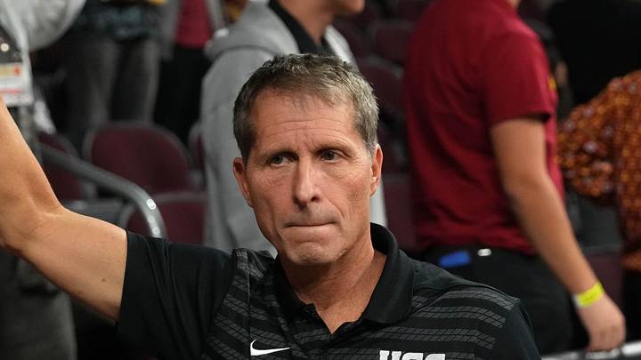 Dec 17, 2025; Los Angeles, California, USA; Southern California Trojans head coach Eric Musselman holds up Fight On sign after victory against the UTSA Roadrunners at the Galen Center. Mandatory Credit: Kirby Lee-Imagn Images