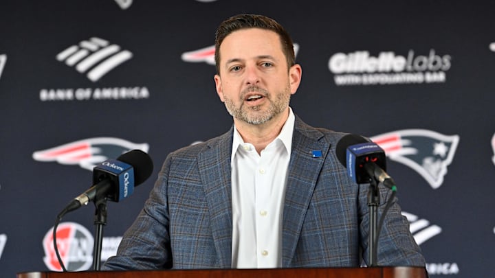 Mar 13, 2025; Foxborough, MA, USA; New England Patriots executive vice president of player personnel Eliot Wolf  discusses the teamís recent free agent additions with the media at Gillette Stadium. Mandatory Credit: Eric Canha-Imagn Images