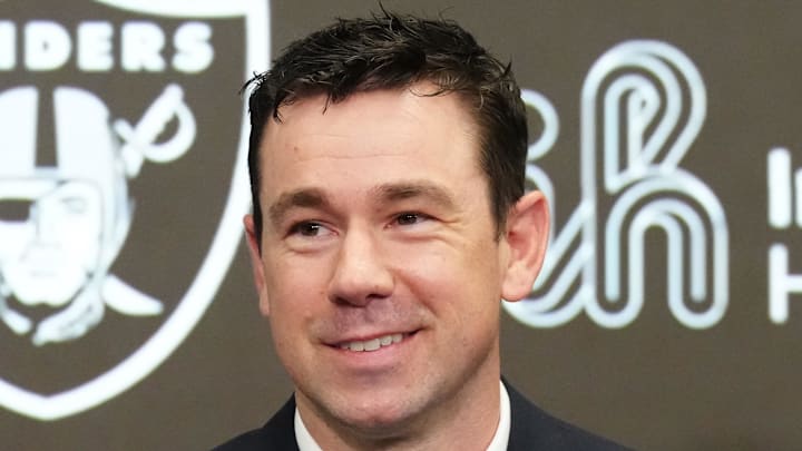 Las Vegas Raiders head coach Klint Kubiak speaks to reporters at his introductory press conference.