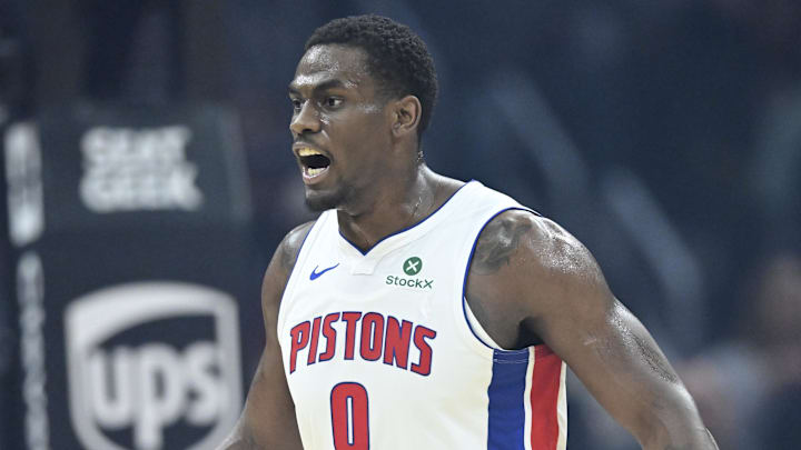 Mar 3, 2026; Cleveland, Ohio, USA; Detroit Pistons center Jalen Duren (0) reacts in the first quarter against the Cleveland Cavaliers at Rocket Arena. Mandatory Credit: David Richard-Imagn Images