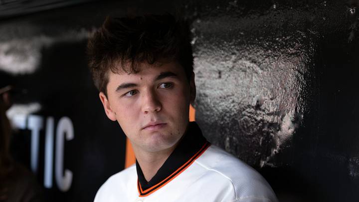 San Francisco, California, USA; San Francisco Giants first round draft pick Jackson Flora meets with the media before the Giants take on the Milwaukee Brewers at Oracle Park. Mandatory Credit: D. Ross Cameron-Imagn Images