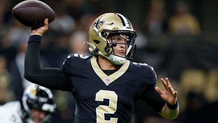 Aug 17, 2025; New Orleans, Louisiana, USA; New Orleans Saints quarterback Spencer Rattler (2) throws against the Jacksonville Jaguars during the second half at Caesars Superdome. Mandatory Credit: Matthew Hinton-Imagn Images