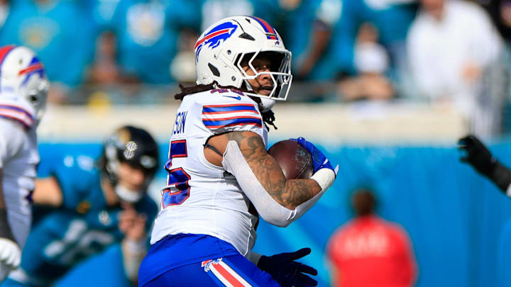 Buffalo Bills linebacker Shaq Thompson (45) looks over his shoulder after an interception during the first quarter of an NFL football AFC Wild Card playoff matchup, Sunday, Jan. 11, 2026, in Jacksonville, Fla. The Bills defeated the Jaguars 27-24. [Corey Perrine/Florida Times-Union]