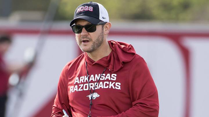 Arkansas Razorbacks coach Ryan Silverfield looks on during spring practice at the Arkansas Razorbacks practice facilities. Arkansas Razorbacks coach Ryan Silverfield looks on during spring practice at the Arkansas Razorbacks practice facilities.