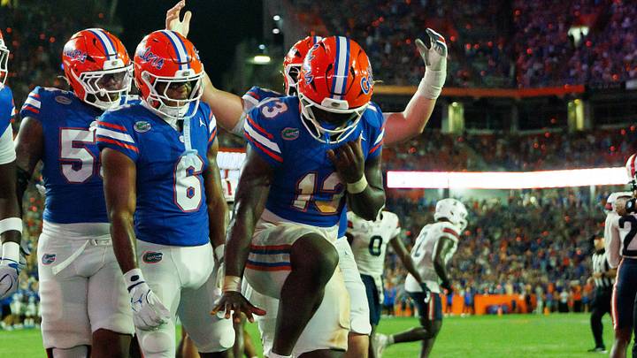 Florida Gators running back Jadan Baugh scored three times against Florida Atlantic. Florida Gators running back Jadan Baugh scored three times against Florida Atlantic.