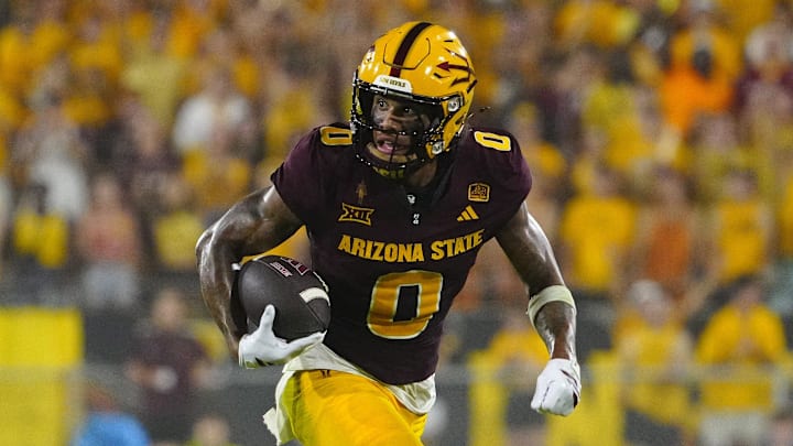 Arizona State wide receiver Jordyn Tyson (0) runs after a reception against NAU during a game at Mountain America Stadium in Tempe on Aug. 30, 2025.