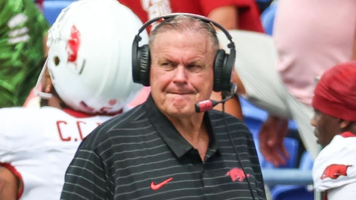 Arkansas Razorbacks coach Sam Pittman looks on against the Memphis Tigers during the second half at Simmons Bank Liberty Stadium. Arkansas Razorbacks coach Sam Pittman looks on against the Memphis Tigers during the second half at Simmons Bank Liberty Stadium.