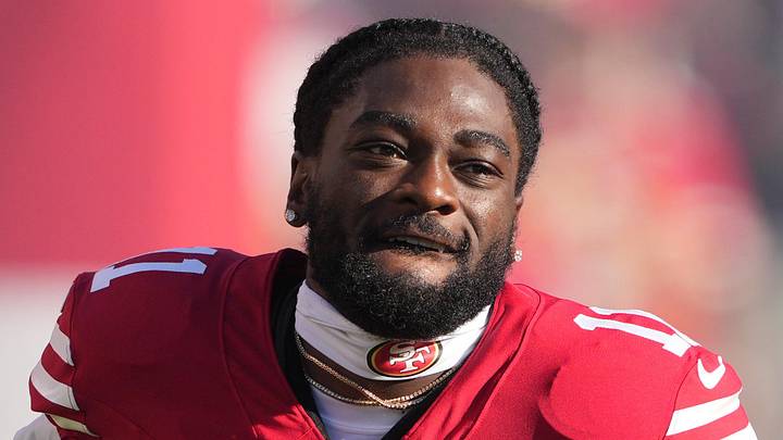 Sep 9, 2024; Santa Clara, California, USA; San Francisco 49ers wide receiver Brandon Aiyuk (11) is introduced to the crowd before the game against the New York Jets at Levi's Stadium. Mandatory Credit: Darren Yamashita-Imagn Images Sep 9, 2024; Santa Clara, California, USA; San Francisco 49ers wide receiver Brandon Aiyuk (11) is introduced to the crowd before the game against the New York Jets at Levi's Stadium. Mandatory Credit: Darren Yamashita-Imagn Images