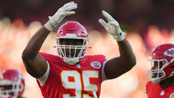 Nov 23, 2025; Kansas City, Missouri, USA; Kansas City Chiefs defensive tackle Chris Jones (95) reacts in the second half against the Indianapolis Colts at GEHA Field at Arrowhead Stadium. Nov 23, 2025; Kansas City, Missouri, USA; Kansas City Chiefs defensive tackle Chris Jones (95) reacts in the second half against the Indianapolis Colts at GEHA Field at Arrowhead Stadium.