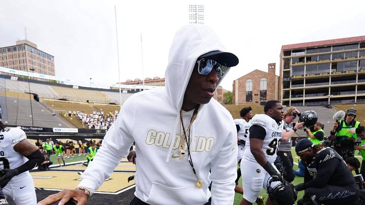 Apr 11, 2026; Boulder, CO, USA; Colorado Buffaloes head coach Deion Sanders greets players before the start of the spring game at Folsom Field. Mandatory Credit: Ron Chenoy-Imagn Images Apr 11, 2026; Boulder, CO, USA; Colorado Buffaloes head coach Deion Sanders greets players before the start of the spring game at Folsom Field. Mandatory Credit: Ron Chenoy-Imagn Images