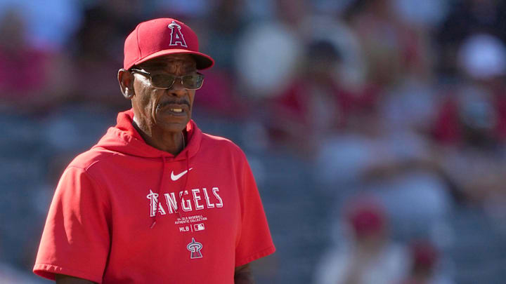 Sep 18, 2024; Anaheim, California, USA; Los Angeles Angels manager Ron Washington reacts during the game against the Chicago White Sox at Angel Stadium. Mandatory Credit: Kirby Lee-Imagn Images